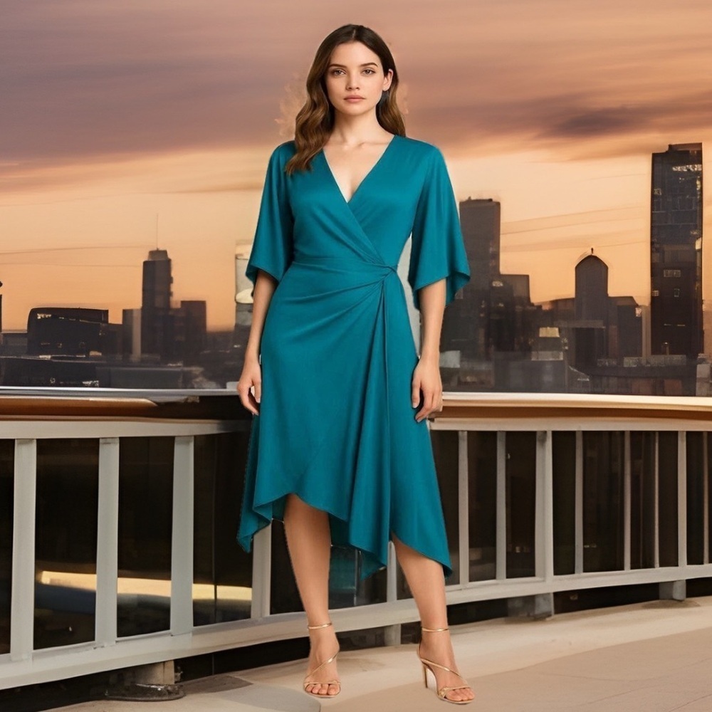Black Halo Anthropologie Faux Wrap Dress NWT Blue Small Luxury Classic $450